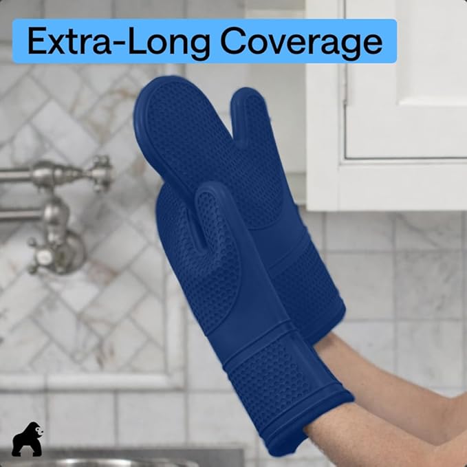 GORILLA GRIP BPA-Free Soft Silicone Oven Mitts, 14.5x8.3, Heat Resistant and Waterproof Cooking Gloves, Thick Cotton Lining, Flexible Gripping for Baking Grilling, Kitchen Potholders Set of 2, Blue