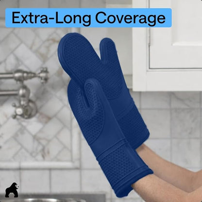 GORILLA GRIP BPA-Free Soft Silicone Oven Mitts, Heat Resistant and Waterproof Cooking Gloves, Thick Cotton Lining, Flexible Gripping for Baking Grilling, Kitchen Potholders Set of 2, 12.5x8.3, Blue
