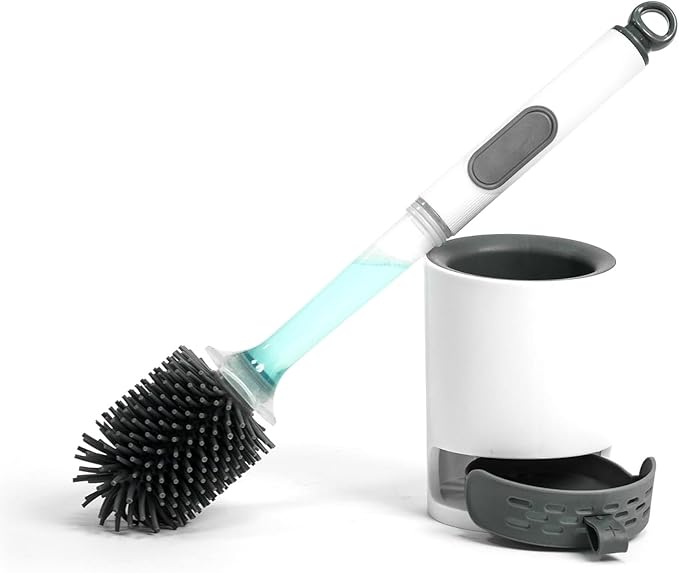 Toilet Brush Set, Silicone Toilet Bowl Scrubber & Holder - Reusable & Drip-Proof Bathroom Cleaner, Space-Saving Design for RV, Apartment; Includes Dispenser, Grey 1PCS