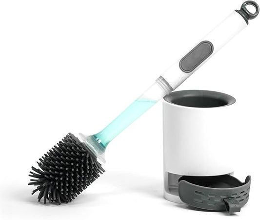 Toilet Brush Set, Silicone Toilet Bowl Scrubber & Holder - Reusable & Drip-Proof Bathroom Cleaner, Space-Saving Design for RV, Apartment; Includes Dispenser, Grey 1PCS