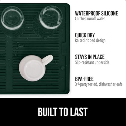 GORILLA GRIP 100% BPA-Free Silicone Dish Drying Mat for Kitchen Counter, Quick Dry, Water Catching Ribbed Design, Easy Clean Waterproof Sink Liner, Heat Resistant, Fits Under Rack, 11x13, Hunter Green