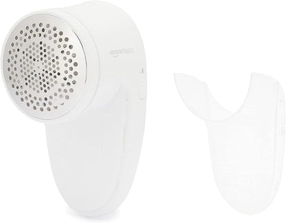 Amazon Basics Battery Operated Fabric Shaver for Clothes, Remove Pilling, Lint and Fuzz Removal, 6-Leaf Blades with Safety Lock, Portable, Includes 2 Spare Blades, White