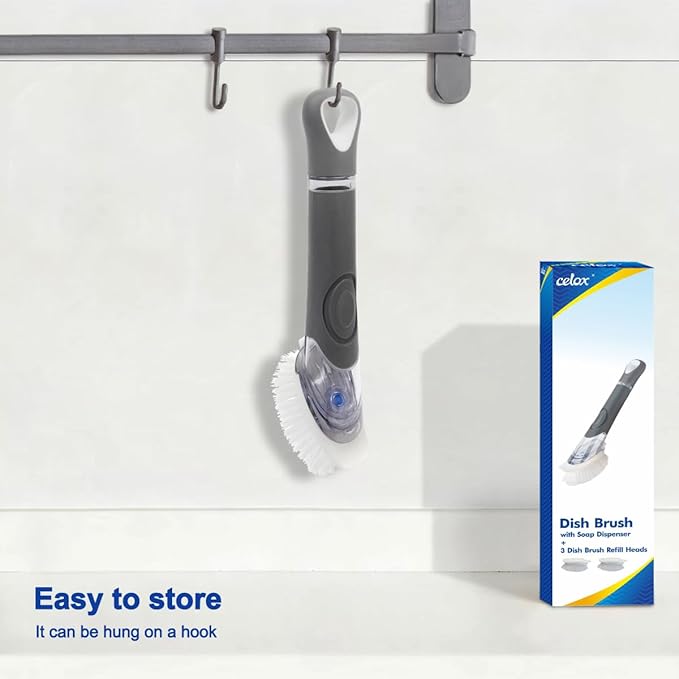 CELOX Dish Brush with Soap Dispenser, Heavy Duty Dishwand Kit, Includes 1 Wand & 3 Dish Brush Refill Heads