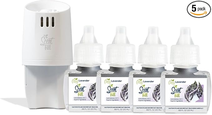 Scent Fill 100% Natural Lavender Plug in Refills Air Freshener, Scented Oil Refills, 4 Refills + Diffuser