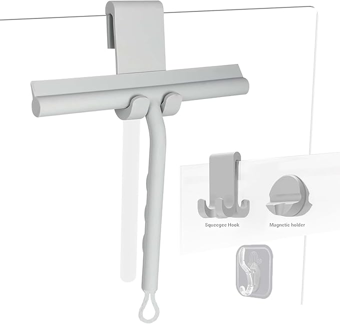 Squeegee for Shower Glass Doors, Resilient Loop - No-Drill & Adhesive Hook, Silicone Shower Squeegee with Stainless Steel Core, Cleaning Tool for Home, Kitchen, Bathroom & Car - Grey