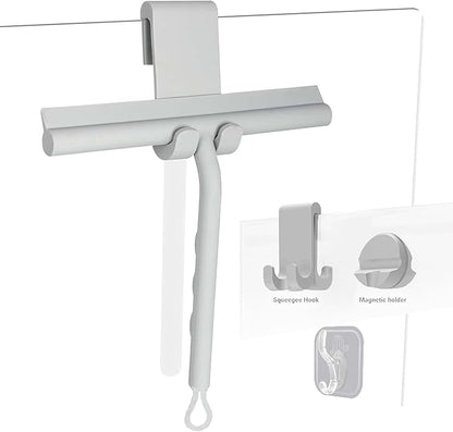 Squeegee for Shower Glass Doors, Resilient Loop - No-Drill & Adhesive Hook, Silicone Shower Squeegee with Stainless Steel Core, Cleaning Tool for Home, Kitchen, Bathroom & Car - Grey