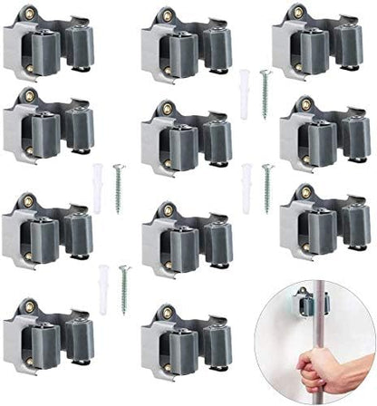 10Pcs Broom Mop Wall Mount Holder Gray Wall Rack Organizer Bathroom Storage Hanger with Screws for Home, Kitchen, Garden