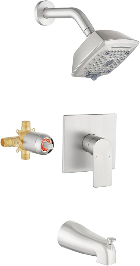 Brushed Nickel Shower Head and Handle Set 5 Inch Bathtub Faucet Shower Faucet with 6-Spray Shower Head Shower Valve Kit Modern Shower Set High-Pressure Shower Trim Kit