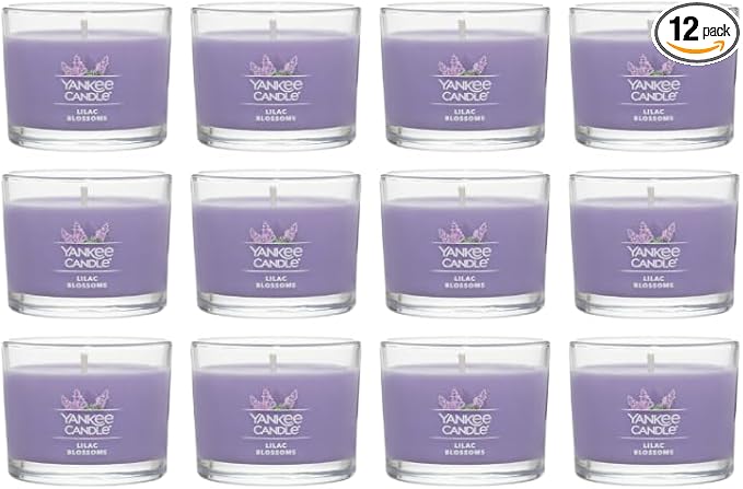 Yankee Candle Lilac Blossoms Scented Mini Jar Candles, 1.3 oz Small Glass Jar Candles, 10-Hour Burn Time, Purple Floral Home Fragrance, for Gifts and Decor (Pack of 12)