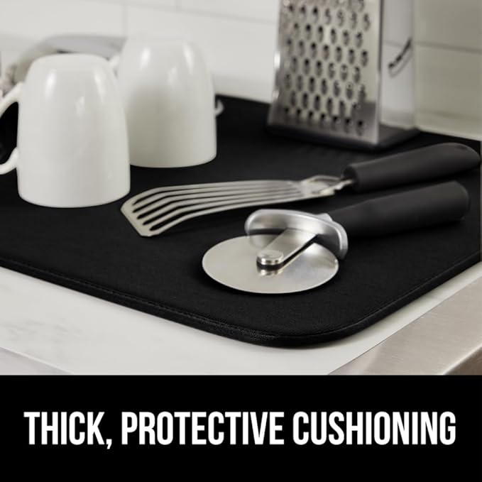 GORILLA GRIP Ultra Water Absorbent Microfiber Dish Drying Mat 2 Pack, Quick Dry Thick Mesh, Slip Resistant Pad for Sink Dishes or Under Rack, Kitchen Counter Accessories, Machine Wash, 18x16, Black