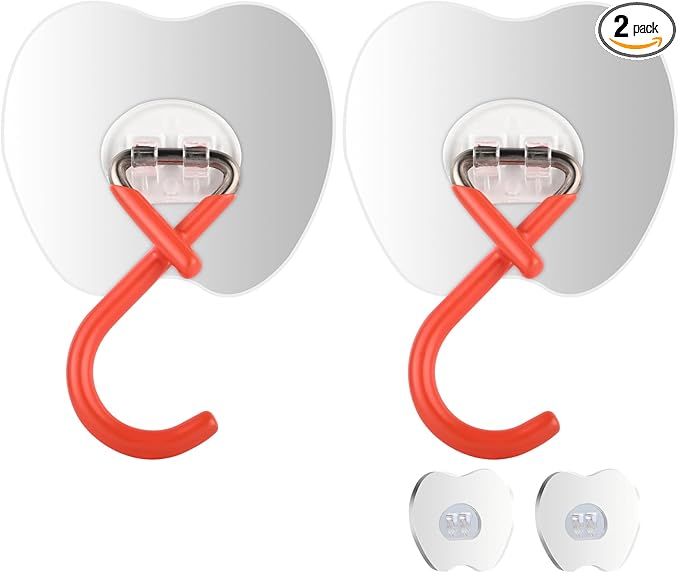 No Drill Large Adhesive Wall Hooks,Broom Holder for Wall,Heavy Duty Mop Hooks with Extra Adhesive Pad,75LB load capacity,3.35x2.95in Adhesive Pad for Garage Kitchen Bathroom Organization (2, Orange)