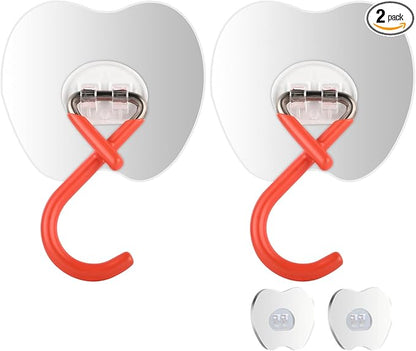 No Drill Large Adhesive Wall Hooks,Broom Holder for Wall,Heavy Duty Mop Hooks with Extra Adhesive Pad,75LB load capacity,3.35x2.95in Adhesive Pad for Garage Kitchen Bathroom Organization (2, Orange)