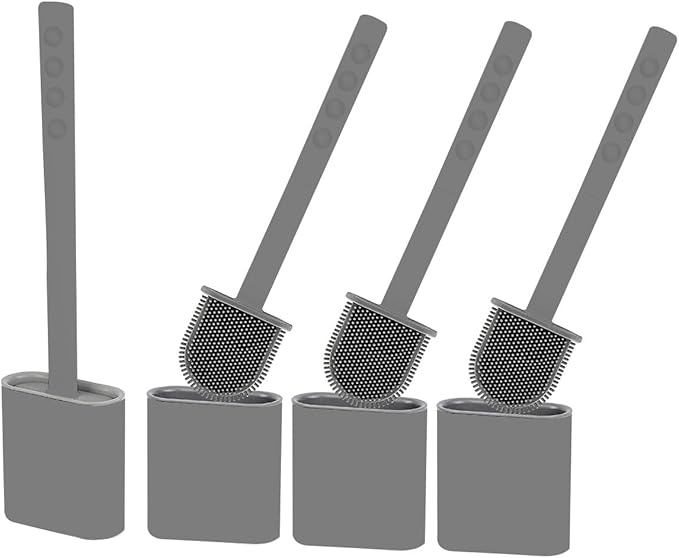 Modern Minimalist Silicone Toilet Brushes & Holders - Pack of 4 Toilet Bowl Brushes Gray- Self-Cleaning & Splash-Free, Easy-Rinse Design with Wall Mounted Holder Bathroom Accessory