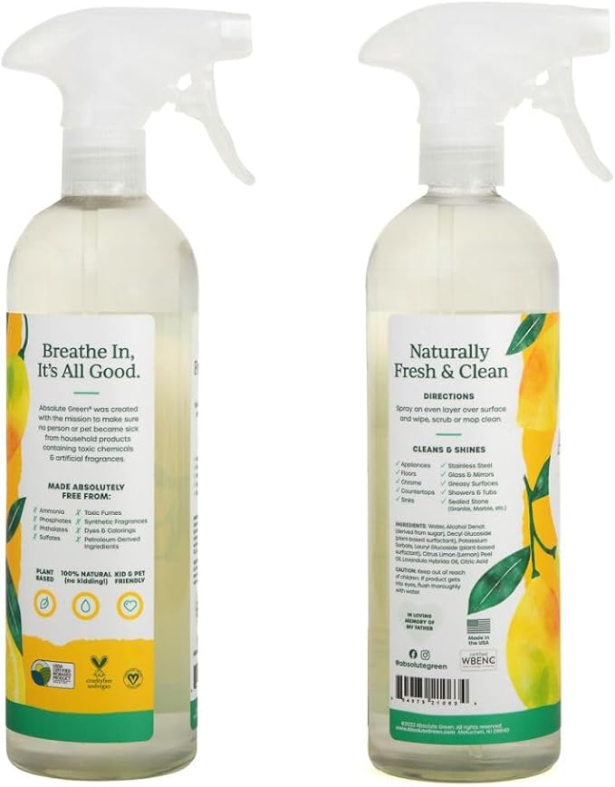 Absolute Green All Purpose Cleaner Spray, Non-Toxic, Kitchen, Bath, Countertop, Stainless, Safe around Kids + Pets, Natural Lemon Scent, 25 oz (6 Pack)