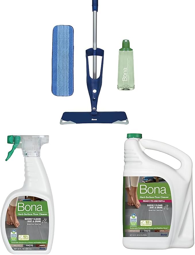 Bona Multi-Surface Floor Premium Spray Mop & Bona Multi-Surface Floor Cleaner Spray, for Stone Tile Laminate and Vinyl LVT/LVP, 32 Fl Oz & Bona Multi-Surface Floor Cleaner Refill - 128 fl oz