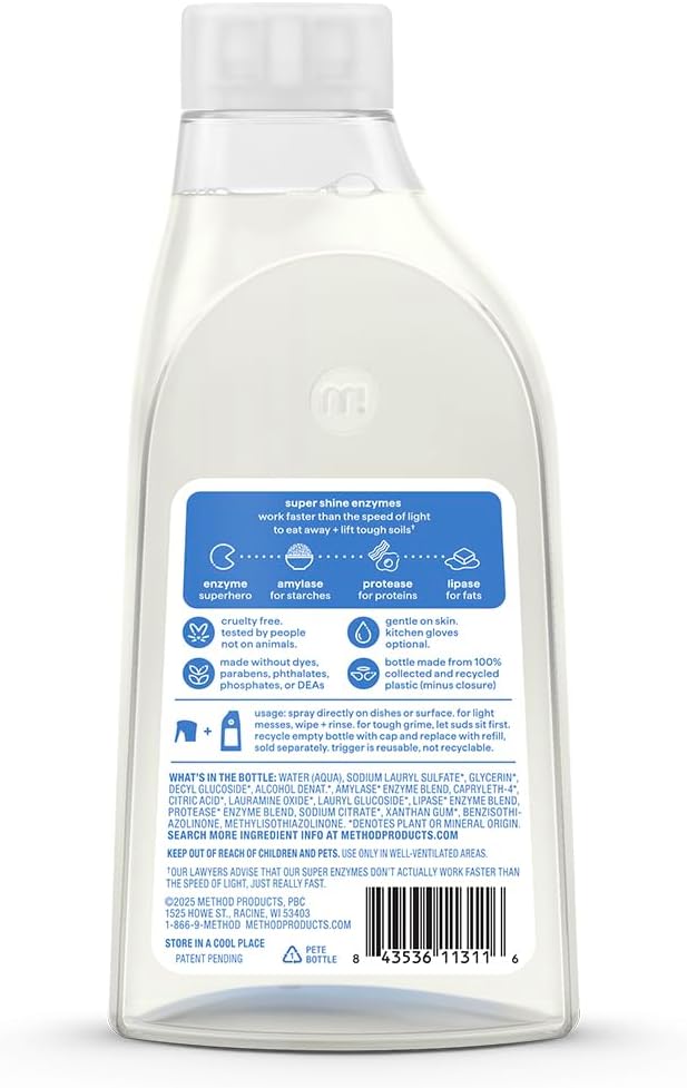 Method Super Shine Foaming Dish Spray Refill, Reuse With Trigger, Powered by Enzymes, Free + Clear, Unscented, 16 fl oz