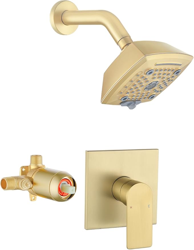 Brushed Gold Shower Faucet Set 6 Setting Shower Head 5 Inch Shower Trim Kit Modern shower valve kit High Pressure Shower Fixtures Shower System