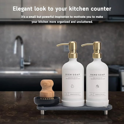 [Luxury] Kitchen Soap Dispenser Set - 16OZ White Glass Bottle, Stainless Steel Pump, Instant Dry Tray, Waterproof Labels, Non-Slip Silicone Pad, and Dish Brush | Upgrade for Your Kitchen and Bathroom