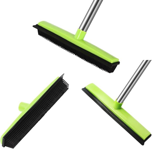 MEIBEI Pet Hair Removal Broom with Squeegee -53", Long Handle Soft Bristle Rubber Broom, Ideal for Remove Fur from Carpets, Rugs, Hardwood and Linoleum