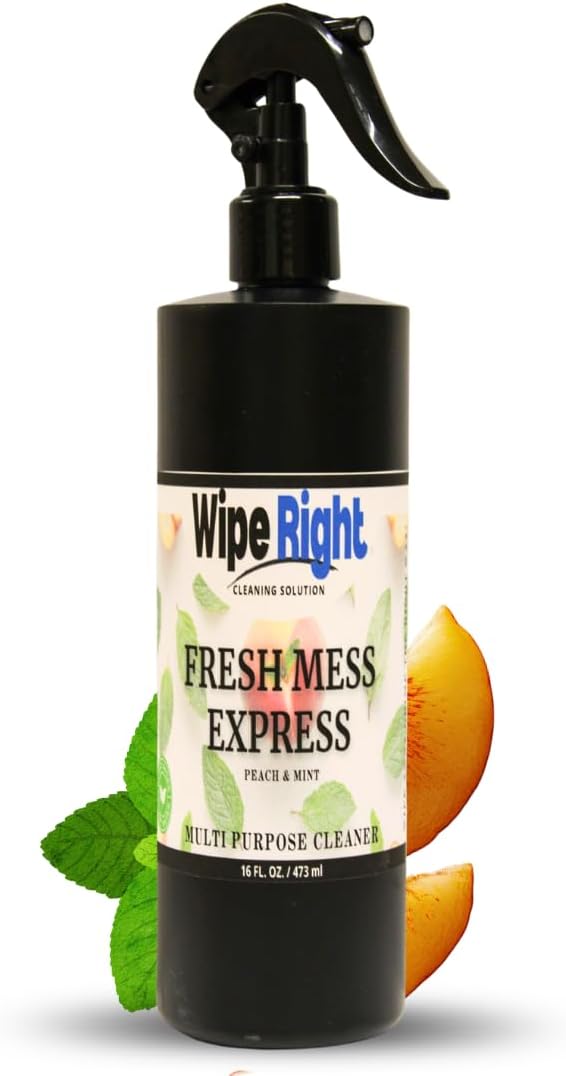 Wipe Right Cleaning Solution- Fresh Mess Express- Multi Purpose Household Daily Cleaner. Plant Based 16 oz. Peaches And Mint Scented. Use in Kitchen, bathroom, countertop,walls,fridge,stove