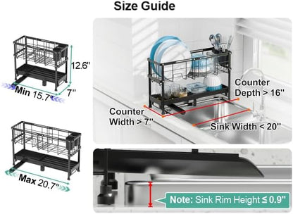 GSlife Narrow Dish Drying Rack, 2 Tier Small Dish Drainer for Kitchen Counter, Expandable Compact Dish Rack with Utensil Holder for RV/1-2 People, 15.7''-20.7''L x 7" D x 12.6" H, Black