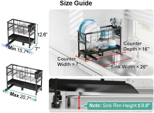GSlife Narrow Dish Drying Rack, 2 Tier Small Dish Drainer for Kitchen Counter, Expandable Compact Dish Rack with Utensil Holder for RV/1-2 People, 15.7''-20.7''L x 7" D x 12.6" H, Black