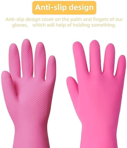 Latex Rubber Cleaning Gloves | Long Sleeve Waterproof Dishwashing, Kitchen, Bathroom, and Garden Gloves | 2 Pair Set (Pink & Red) for Hand Care and Protection