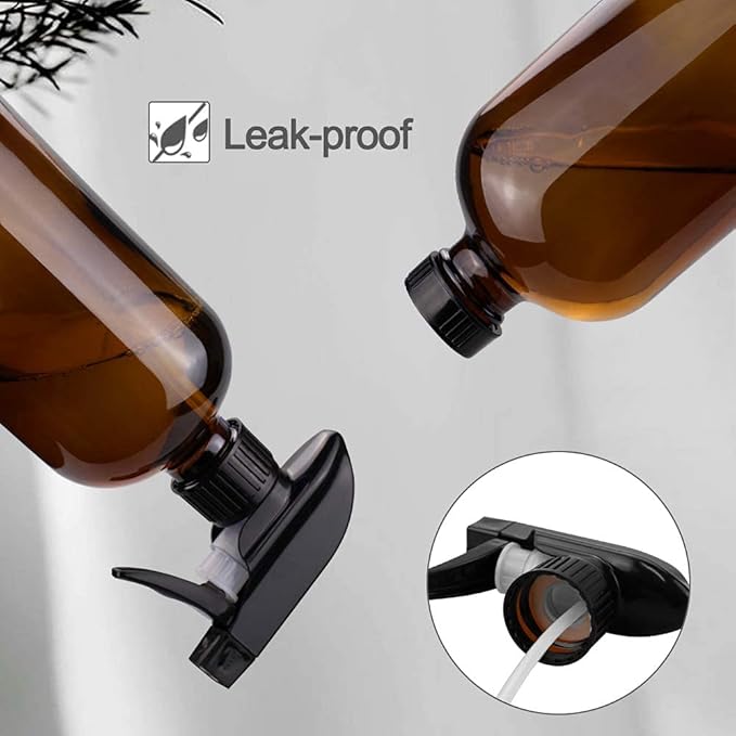 Worldgsb Glass Spray Bottles, 16oz Refillable Containers, Empty Boston Round Bottles with Labels & Adjustable Nozzle for Cleaning, Gardening, Aromatherapy, Pets, Plant, Hair -Amber (2 Pack)