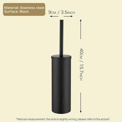 Freestanding Toilet Bowl Brush and Holder - Black Toilet Brush Round Metal, Stainless Steel Toilet Brush Set with Removable Inner Bucket and Splash Guard Cover - Dense bristles (with Brush Handle)