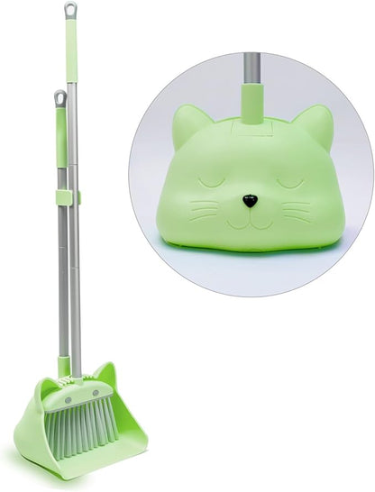 28'' Kids Mini Broom and Dustpan Set - Toddler Cleaning Toy, Toddler Household Helper, Parent-Child Interactive Play Cleaning Tool, Cute Cartoon Design, Small Safe Corner Broom (Green)