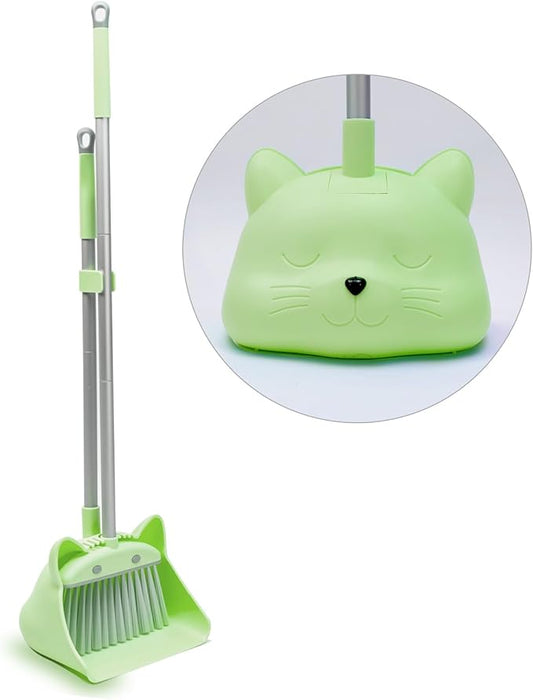 28'' Kids Mini Broom and Dustpan Set - Toddler Cleaning Toy, Toddler Household Helper, Parent-Child Interactive Play Cleaning Tool, Cute Cartoon Design, Small Safe Corner Broom (Green)