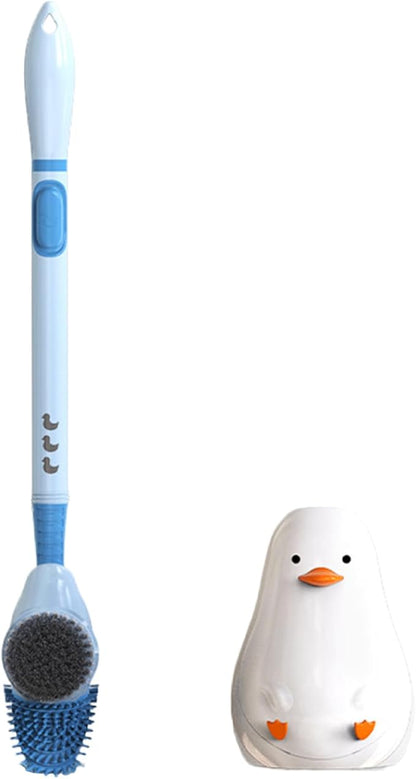 Silicone Toilet Brush with Holder, 16.7inch Cute Duck Toilet Brush with Refillable Liquid Handle, Three-Sided Brush Toilet Cleaning Brushes for Bathroom Deep Cleaning, Standard, Blue