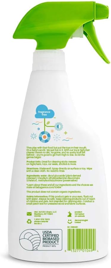 Babyganics Toy & Highchair Cleaner Spray, Fragrance Free, 17oz Spray Bottle, Made without ammonia, bleach, phosphates, phthalates or dyes, Pack of 2.
