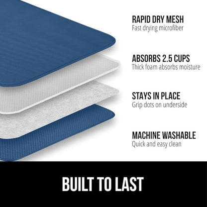 GORILLA GRIP Ultra Water Absorbent Microfiber Dish Drying Mat 2 Pack, Quick Dry Thick Mesh, Slip Resistant Pad for Sink Dishes or Under Rack, Kitchen Counter Accessories, Machine Wash, 18x16, Blue