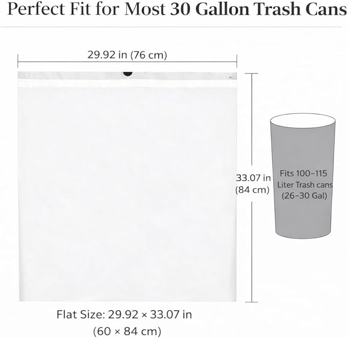 30 Gallon Drawstring Trash Bags, 50 Count, 1.3 Mil Extra Strong White Large Garbage Bags, Unscented Trash Liners for Kitchen, Office & Everyday Yard Cleanup, Fits 100-115L Cans