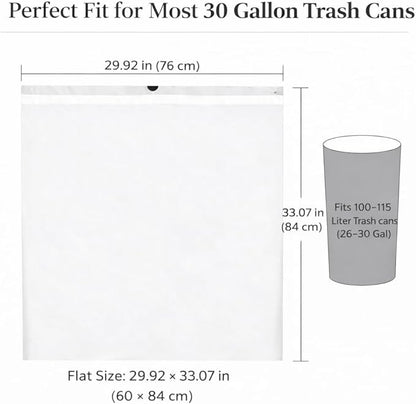 30 Gallon Drawstring Trash Bags, 50 Count, 1.3 Mil Extra Strong White Large Garbage Bags, Unscented Trash Liners for Kitchen, Office & Everyday Yard Cleanup, Fits 100-115L Cans