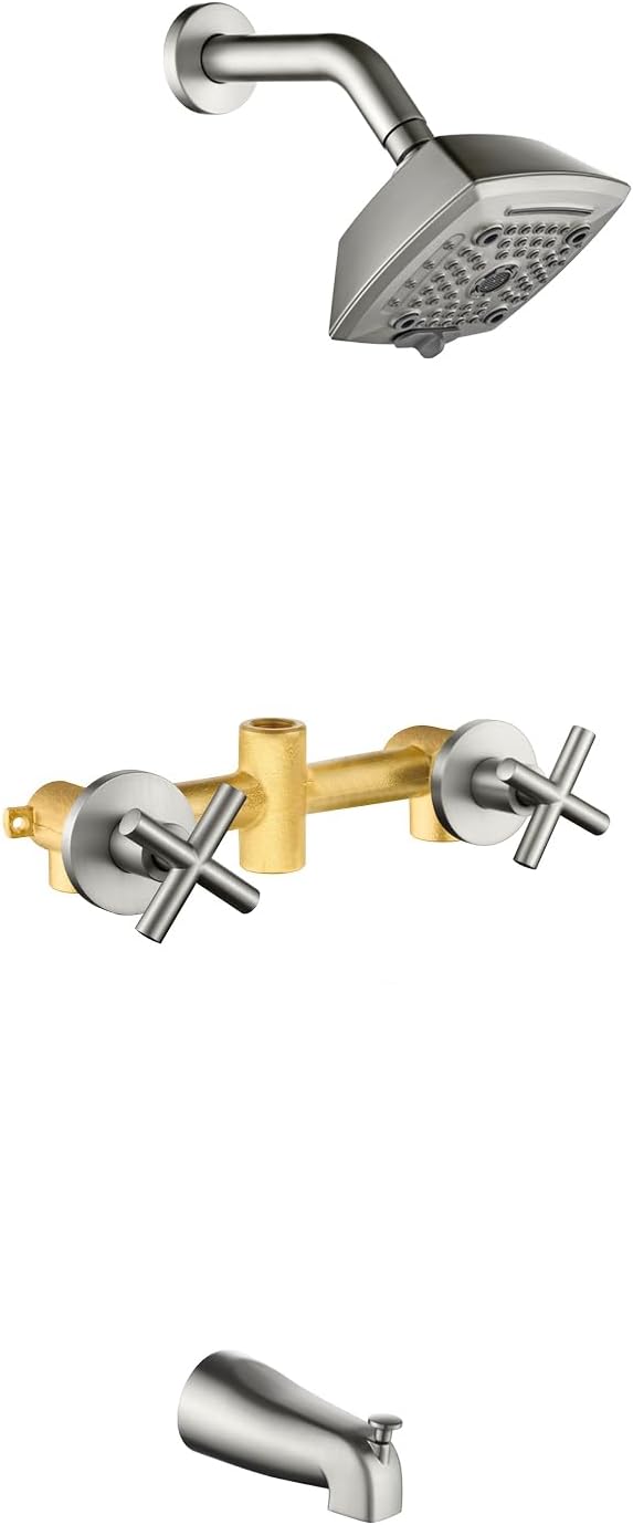 2 Handle Shower Faucet Set with Tub Spout 6-Spray Shower Head and Handle Set Shower Trim Kit with Rough-in Valve Bathroom Shower Faucet Valve Trim Kit Brushed Nickel
