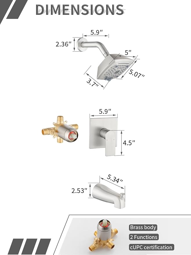 Brushed Nickel Shower Head and Handle Set 5 Inch Bathtub Faucet Shower Faucet with 6-Spray Shower Head Shower Valve Kit Modern Shower Set High-Pressure Shower Trim Kit