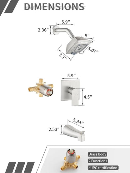 Brushed Nickel Shower Head and Handle Set 5 Inch Bathtub Faucet Shower Faucet with 6-Spray Shower Head Shower Valve Kit Modern Shower Set High-Pressure Shower Trim Kit