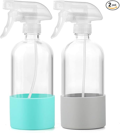 Glass Spray Bottles (2-Pack) with Silicone Sleeve - 16oz Empty Refillable Bottles - Adjustable Nozzle for Hair, Plants, Cleaning & DIY Solutions - Mint Green & Grey