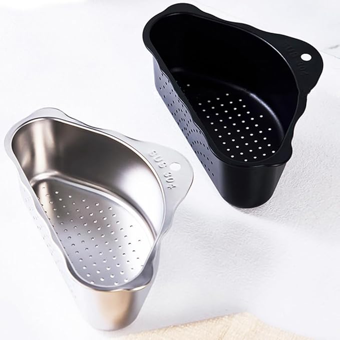 Triangle Sink Drainer Basket, Stainless Steel Triangular Sink Drain Shelf, Suction Cup Triangular Filter Drain Basket Kitchen Sinks Corner for Filter Food Waste and Washing Fruit(Color:Black)