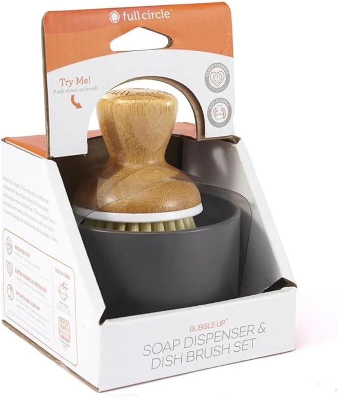 Full Circle Bubble Up Soap Dispenser & Dish Brush Set, Black & White (Pack of 4)