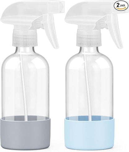 Worldgsb 2 Pack Glass Spray Bottles 8 oz, Empty Refillable Containers with Silicone Sleeve Protection, Glass Spray Bottles for Cleaning Solutions, Hair and Plants with Adjustable Nozzles Blue&Grey