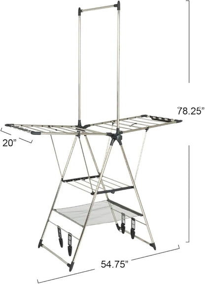 Household Essentials Multi Tier Stainless Steel Laundry Drying Rack with T Bar and Two Side Wings, Silver