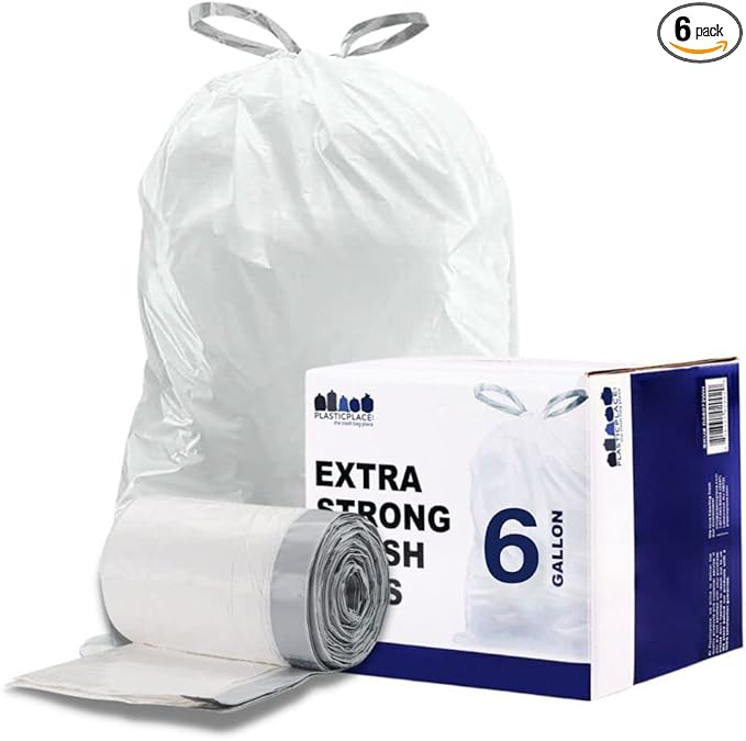 Plasticplace 6 Gallon Trash Bags White Drawstring Garbage Can Liners,17” x 20”,for Bathroom Kitchen Office Car Small Trash Bags,Leak-Proof & Tear-Resistant,100 Count (Pack of 6)