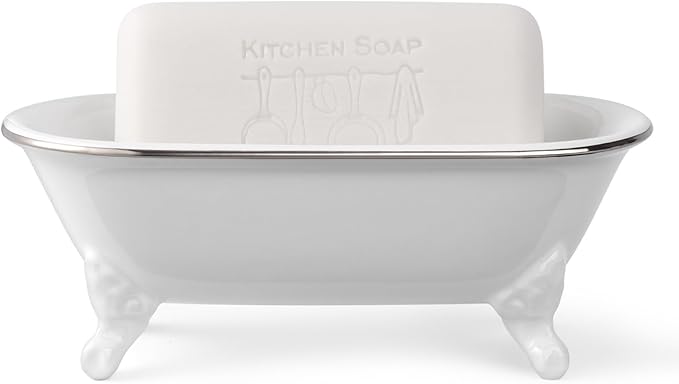 6.5" Ceramic Mini Decorative Clawfoot Bathtub Bar Soap Dish, Kitchen Sponge Holder and Shower Tray for Bathroom, 1 Pack (White Silver Rim)