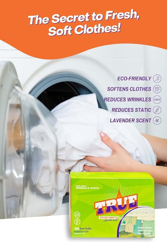 TRUE BIODEGRADABLE LAUNDRY SHEETS (100 CT) | ECO-FRIENDLY FABRIC SOFTENER | REDUCES STATIC | LAVENDER SCENT