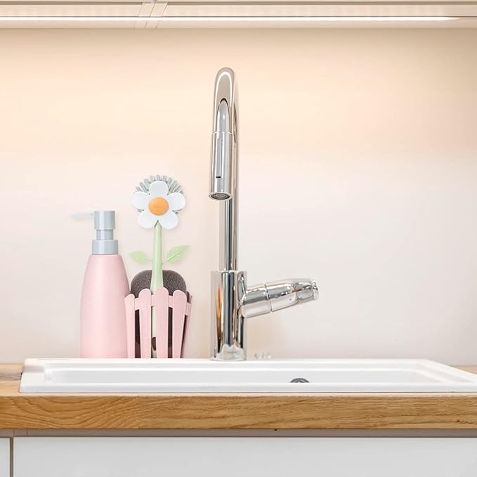 Vigar Florganic Kitchen Soap Dispenser Set, Dish Soap Dispenser with Sponge Caddy and Dish Brush, Daisy-Themed, Perfect Kitchen Sink Caddy, Pink