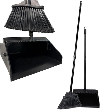 KLEEN HANDLER 48.5" Broom with Dustpan Combo Set with Long Handle for Home, Kitchen, Office, Lobby, Indoor/Outdoor Sweeping & Commercial Use, Black (1 Set)