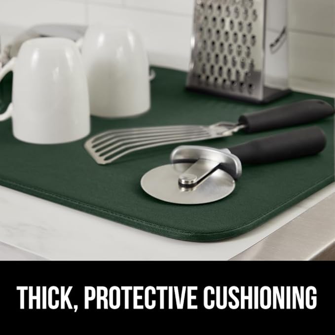 GORILLA GRIP Ultra Water Absorbent Microfiber Dish Drying Mat, Quick Dry Thick Mesh, Slip Resistant Pad for Sink Dishes or Under Rack, Kitchen Counter Accessories, Machine Wash, 18x16, Hunter Green